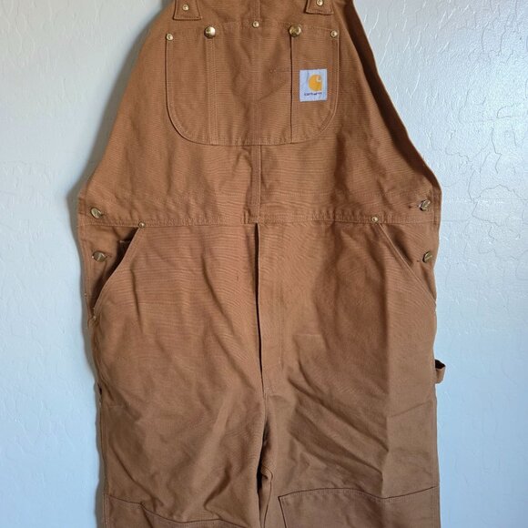 Carhartt Canvas Duck Bib Work Overalls Double Knee Size Mens 42x32 R01 BRN Brown - Picture 4 of 11